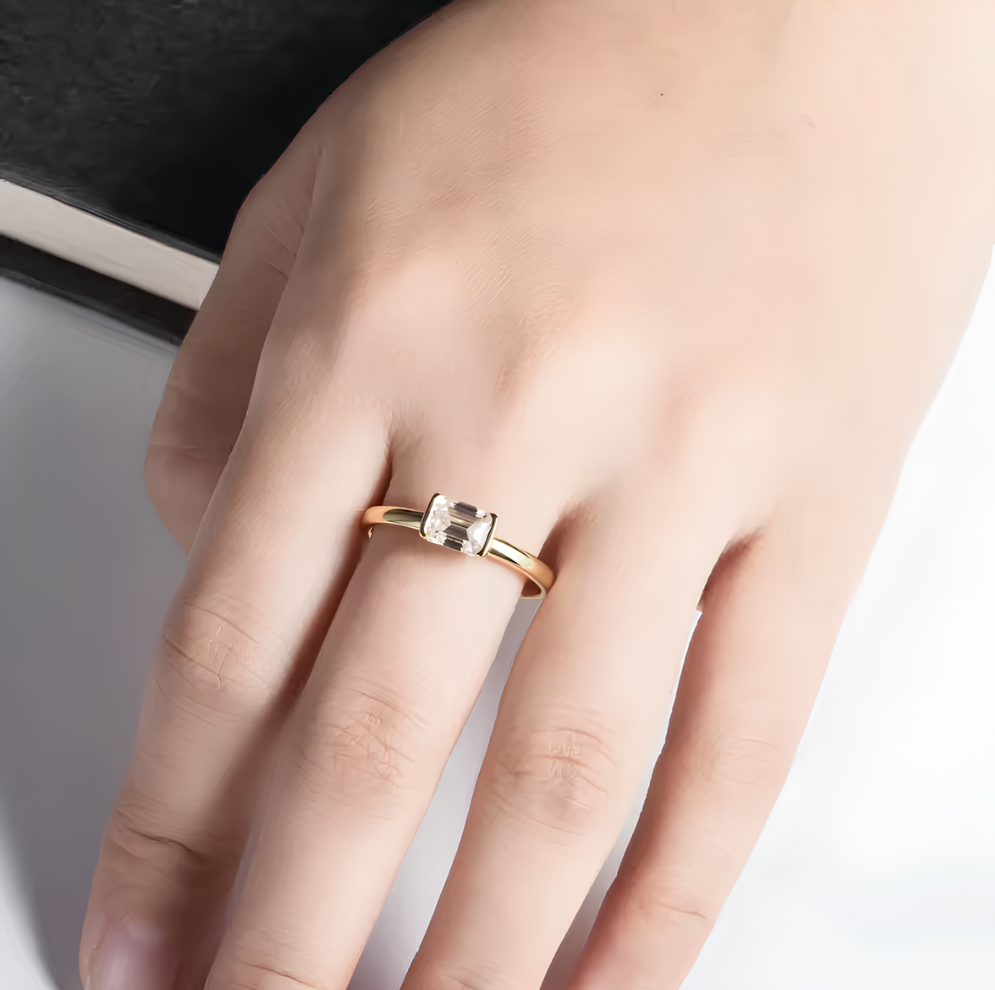 Soft Emerald Cut Bezel Set Gold Plated Ring